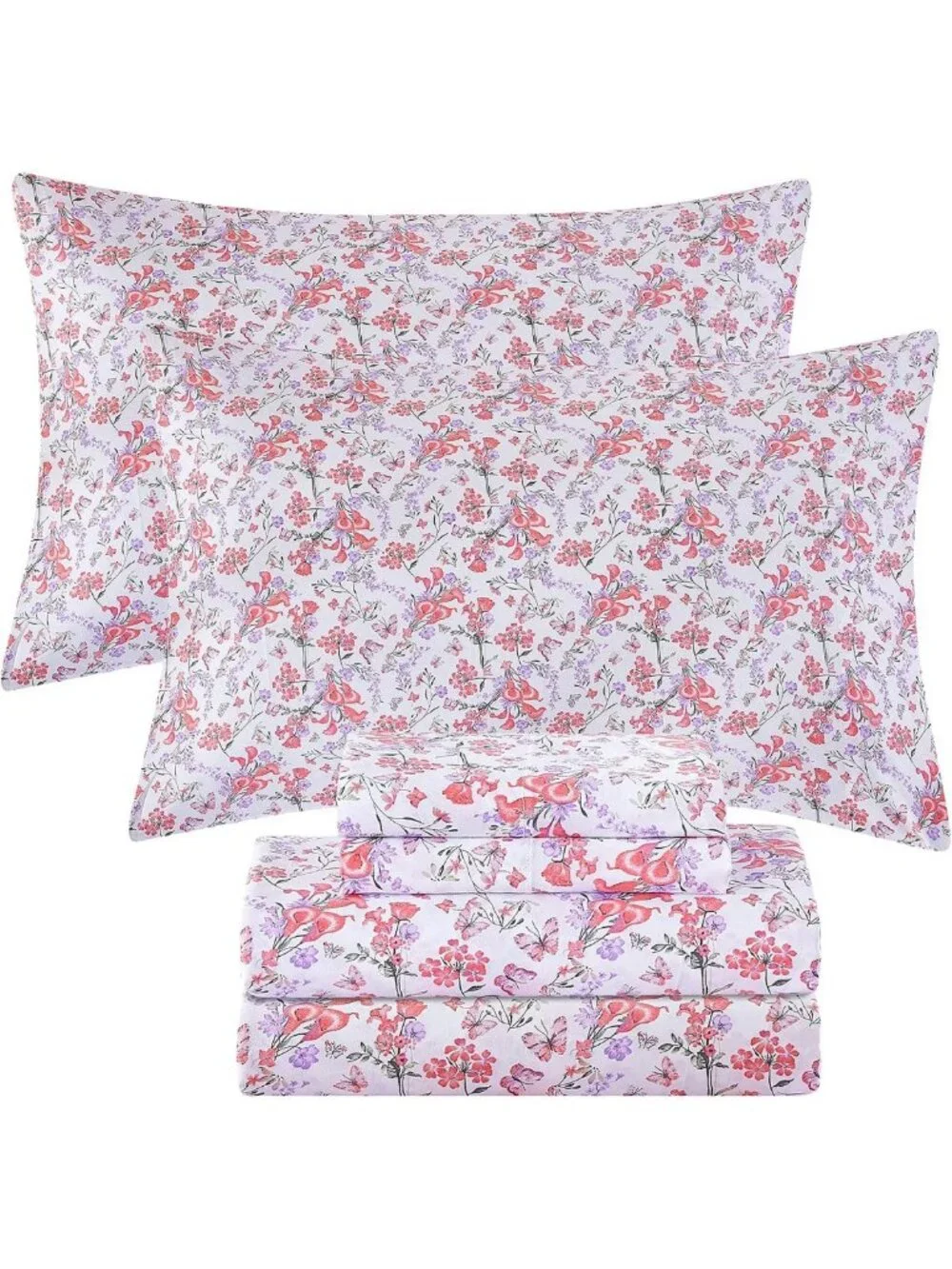Floral 100% Cotton Queen Sheets Set, Pink Flower Print, Soft & Cozy Bedding
